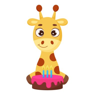 Pastayla oturan sevimli küçük zürafa. Baskı için komik çizgi film karakteri, tebrik kartları, bebek partisi, davetiye, duvar kağıtları, ev dekorasyonu. Parlak renkli çocuksu hisse senedi temsili.