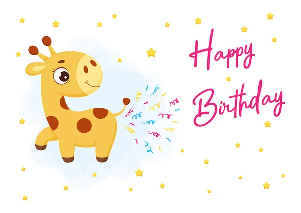 Mutlu Yıllar Basılabilir Parti Tebrik Kartı Küçük Şirin Zürafa Kakalı — Stok Vektör