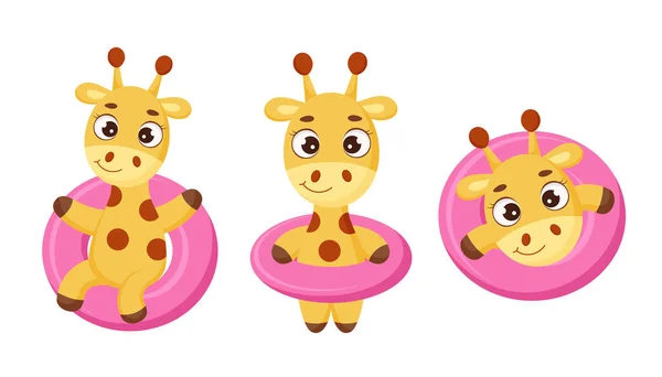 Set Carine Giraffe Galleggianti Cerchio Rosa Divertente Personaggio Dei Cartoni — Vettoriale Stock