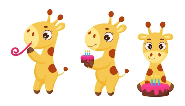 Ensemble Mignonne Petite Fête Girafe Avec Gâteau Personnage Dessin Animé — Image vectorielle