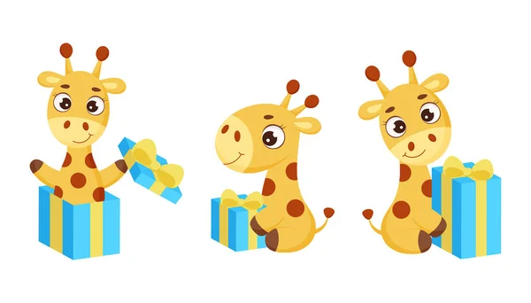 Set Simpatica Giraffa Seduta Con Confezione Regalo Divertente Personaggio Dei — Vettoriale Stock