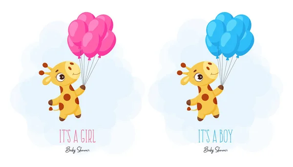 Baby Shower Greeting Card Cute Little Giraffe Flying Balloon Funny — Stock Vector