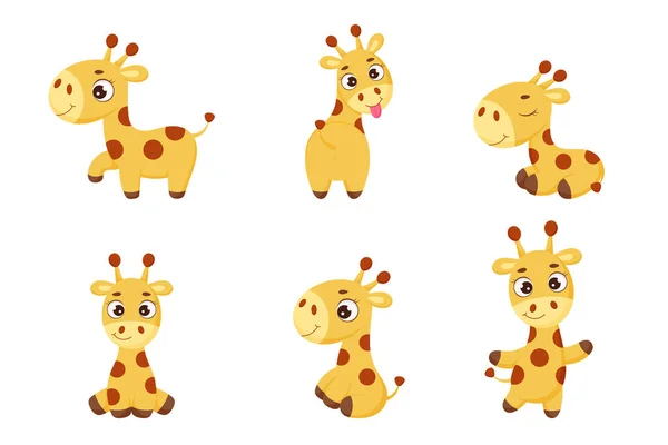 Set Simpatica Giraffa Con Pose Diverse Divertente Personaggio Dei Cartoni — Vettoriale Stock