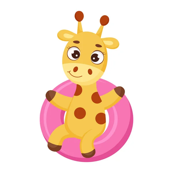 Mignonne Petite Girafe Flotte Sur Cercle Rose Personnage Dessin Animé — Image vectorielle
