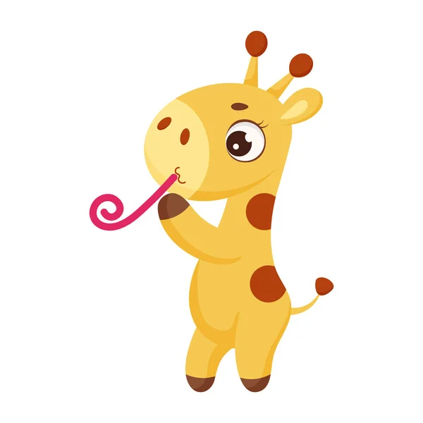 Jolie Petite Girafe Debout Avec Tuyau Personnage Dessin Animé Drôle — Image vectorielle