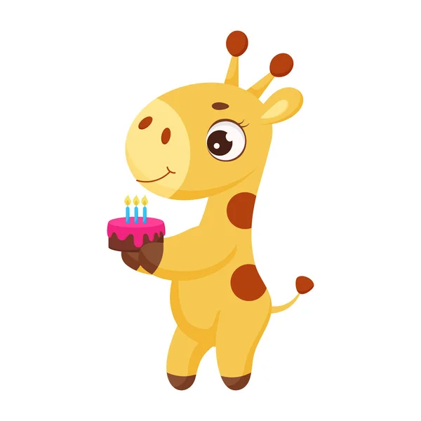 Niedliche Kleine Giraffe Steht Mit Kuchen Lustige Cartoon Figur Für — Stockvektor