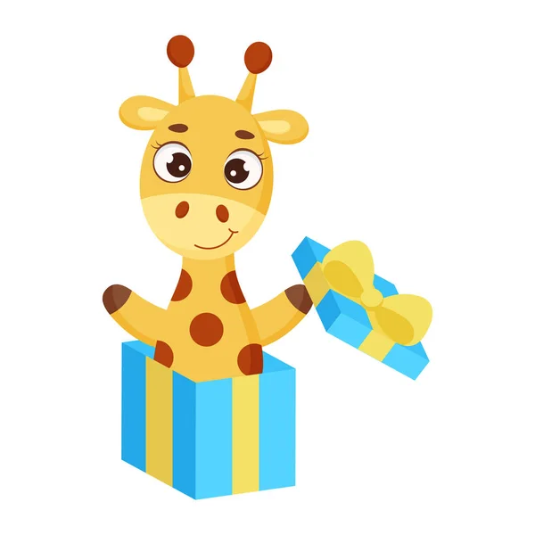 Jolie Petite Girafe Sautant Boîte Cadeau Personnage Dessin Animé Drôle — Image vectorielle