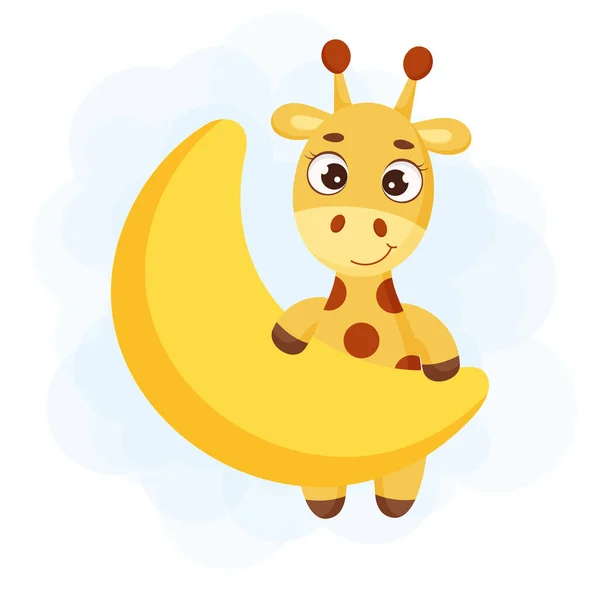 Jolie Petite Girafe Sur Lune Personnage Dessin Animé Drôle Pour — Image vectorielle