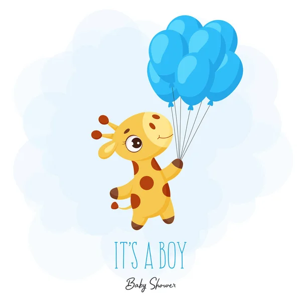 Baby Douche Wenskaart Met Schattige Kleine Giraffe Vliegen Blauwe Ballonnen — Stockvector