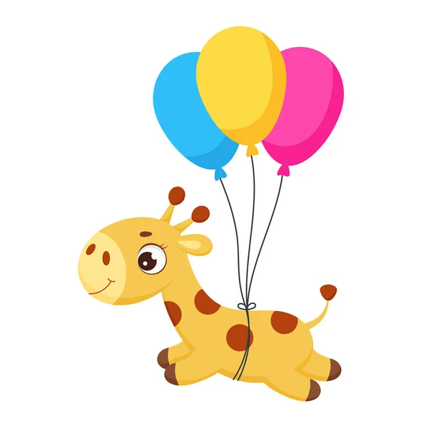 Baby Shower Greeting Card Cute Little Giraffe Flying Balloons Funny — ストックベクタ