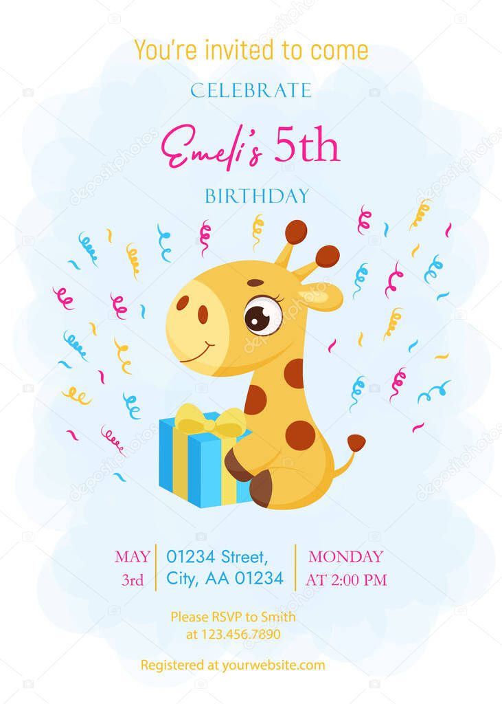 Happy Birthday printable party invitation card template. Event template with cute little giraffe sitting with gift box. Bright colored stock vector illustration