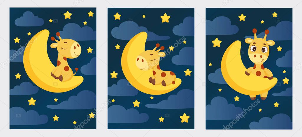 Cute little giraffe sleeping on moon in night sky set card template. Cartoon character for kids room decoration, nursery art, birthday party, baby shower. Bright colored stock vector illustration