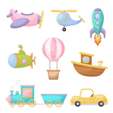 Sevimli karikatür nakliyesi koleksiyonu. Çocuk kitabı, albüm, bebek partisi, tebrik kartı, parti davetiyesi, ev dekorasyonu için araç seti. Parlak renkli çocuksu vektör çizimi