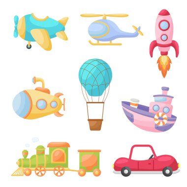 Sevimli karikatür nakliyesi koleksiyonu. Çocuk kitabı, albüm, bebek partisi, tebrik kartı, parti davetiyesi, ev dekorasyonu için araç seti. Parlak renkli çocuksu vektör çizimi.