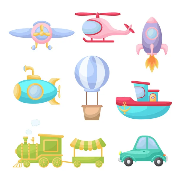 Set Cute Cartoon Transport Collection Vehicles Design Childrens Book Album — Stock Vector