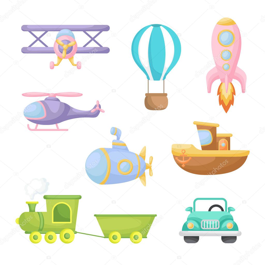 Set of cute cartoon transport. Collection of vehicles for design of kids rooms, clothing, album, card, baby shower, birthday invitation, house interior. Bright colored childish vector illustration