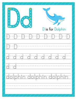 D harfi büyük ve küçük harf. Sevimli çizgi filmlerdeki hayvanlarla İngilizce öğrenen çocuklar için alfabe takip alıştırması. Anaokulu için etkinlik sayfası. Vektör illüstrasyonu