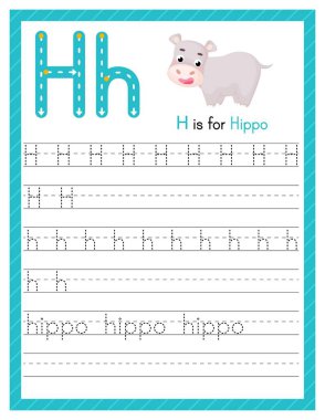 H harfi büyük ve küçük harf. Sevimli çizgi filmlerdeki hayvanlarla İngilizce öğrenen çocuklar için alfabe takip alıştırması. Anaokulu için etkinlik sayfası. Vektör illüstrasyonu