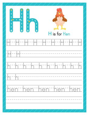 H harfi büyük ve küçük harf. Sevimli çizgi filmlerdeki hayvanlarla İngilizce öğrenen çocuklar için alfabe takip alıştırması. Anaokulu için etkinlik sayfası. Vektör illüstrasyonu