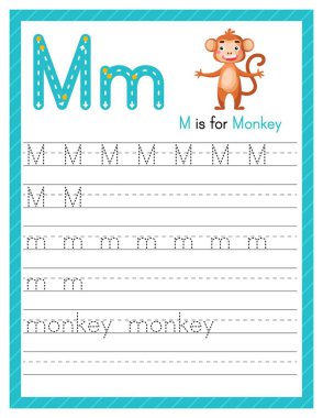 M harfi büyük ve küçük harf. Sevimli çizgi filmlerdeki hayvanlarla İngilizce öğrenen çocuklar için alfabe takip alıştırması. Anaokulu için etkinlik sayfası. Vektör illüstrasyonu