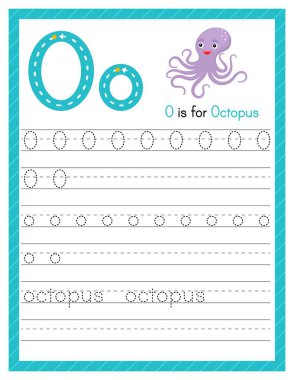 Büyük harf ve küçük harf O harfi. Sevimli çizgi filmlerdeki hayvanlarla İngilizce öğrenen çocuklar için alfabe takip alıştırması. Anaokulu için etkinlik sayfası. Vektör illüstrasyonu