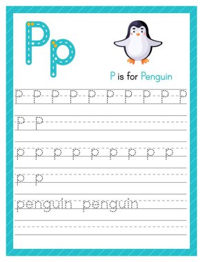 P harfi büyük ve küçük harf. Sevimli çizgi filmlerdeki hayvanlarla İngilizce öğrenen çocuklar için alfabe takip alıştırması. Anaokulu için etkinlik sayfası. Vektör illüstrasyonu