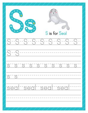 S harfi büyük ve küçük harf. Sevimli çizgi filmlerdeki hayvanlarla İngilizce öğrenen çocuklar için alfabe takip alıştırması. Anaokulu için etkinlik sayfası. Vektör illüstrasyonu