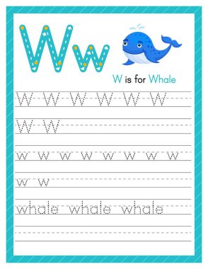 Harf W büyük ve küçük harf. Sevimli çizgi filmlerdeki hayvanlarla İngilizce öğrenen çocuklar için alfabe takip alıştırması. Anaokulu için etkinlik sayfası. Vektör illüstrasyonu