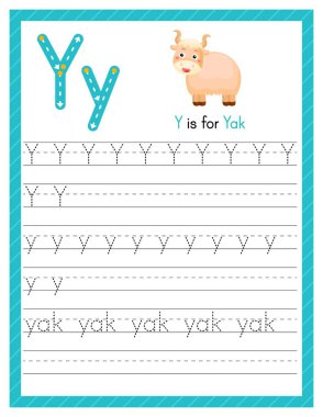 Y harfi büyük ve küçük harf. Sevimli çizgi filmlerdeki hayvanlarla İngilizce öğrenen çocuklar için alfabe takip alıştırması. Anaokulu için etkinlik sayfası. Vektör illüstrasyonu