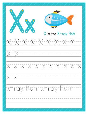 X harfi büyük ve küçük harf. Sevimli çizgi filmlerdeki hayvanlarla İngilizce öğrenen çocuklar için alfabe takip alıştırması. Anaokulu için etkinlik sayfası. Vektör illüstrasyonu