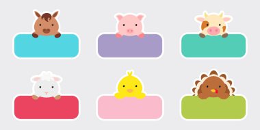 Bebek ismi için yapış yapış etiketler. Şirin çizgi film hayvanları şekilli not defterleri, not defterleri, ofis okulu için bayrak işaretleri, hatıra defteri, baskı, kartlar, bebek partisi, davetiye, dekor. Vektör stok illüstrasyonu.