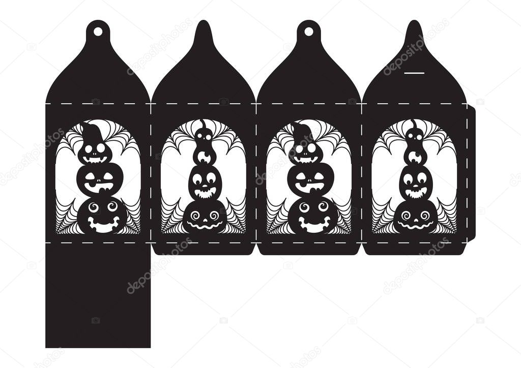 Happy Halloween treat box. Gift party favor box for sweets, candies, small presents, bakery. Simple packaging die cut template for laser cut with bats silhouette. Vector stock illustration