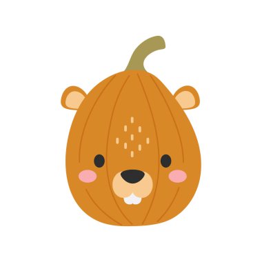 Kunduz suratlı tatlı Cadılar Bayramı çizgi filminiz kutlu olsun. Çocuklar için Cadılar Bayramı partisi dekoru. Kartlar, çıkartmalar, davetiyeler, çocuk odası dekorasyonu için çocukça bir baskı. Vektör illüstrasyonu.