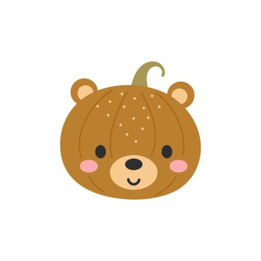 Mutlu Cadılar Bayramı ayı suratlı şirin balkabağı çizgi filmleri. Çocuklar için Cadılar Bayramı partisi dekoru. Kartlar, çıkartmalar, davetiyeler, çocuk odası dekorasyonu için çocukça bir baskı. Vektör illüstrasyonu.