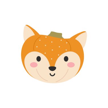 Cadılar Bayramı 'nız kutlu olsun tilki suratlı tatlı balkabağı. Çocuklar için Cadılar Bayramı partisi dekoru. Kartlar, çıkartmalar, davetiyeler, çocuk odası dekorasyonu için çocukça bir baskı. Vektör illüstrasyonu.