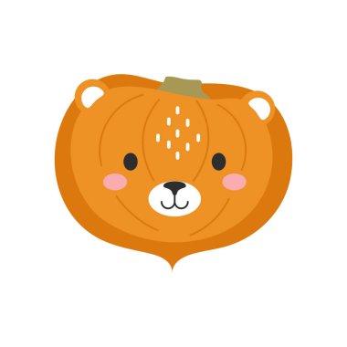 Mutlu Cadılar Bayramı. Aslan suratlı şirin balkabağı çizgi filmleri. Çocuklar için Cadılar Bayramı partisi dekoru. Kartlar, çıkartmalar, davetiyeler, çocuk odası dekorasyonu için çocukça bir baskı. Vektör illüstrasyonu.