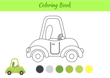 Çocuklar için boyama kitabı arabası. Okul öncesi eğitim faaliyet sayfası çocuklar ve yeni yürümeye başlayan çocuklar için. Yazdırılabilir çalışma kağıdı. Çizgi film renkli vektör çizimi.