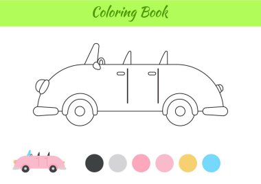 Çocuklar için boyama kitabı arabası. Okul öncesi eğitim faaliyet sayfası çocuklar ve yeni yürümeye başlayan çocuklar için. Yazdırılabilir çalışma kağıdı. Çizgi film renkli vektör çizimi.