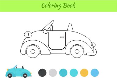 Çocuklar için boyama kitabı arabası. Okul öncesi eğitim faaliyet sayfası çocuklar ve yeni yürümeye başlayan çocuklar için. Yazdırılabilir çalışma kağıdı. Çizgi film renkli vektör çizimi.