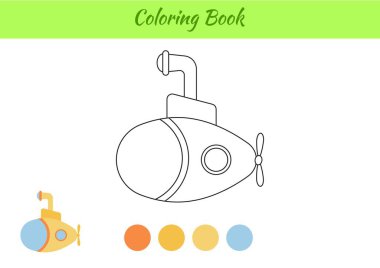 Çocuklar için boyama kitabı denizaltısı. Okul öncesi eğitim faaliyet sayfası çocuklar ve yeni yürümeye başlayan çocuklar için. Yazdırılabilir çalışma kağıdı. Çizgi film renkli vektör çizimi.