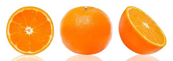 Ganze Orange Halb Und Scheiben Geschnitten Isoliert Auf Weißem Hintergrund — Stockfoto