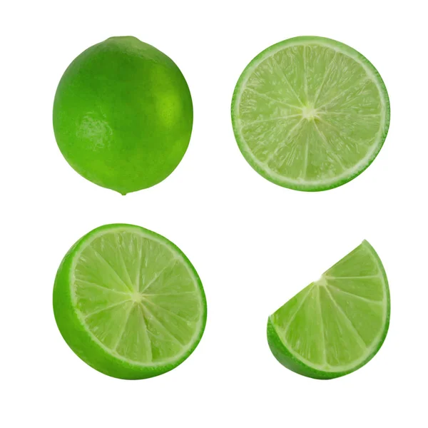 Eine Grüne Zitronenfrucht Mit Blatt Und Einer Hälfte Isoliert Auf — Stockfoto
