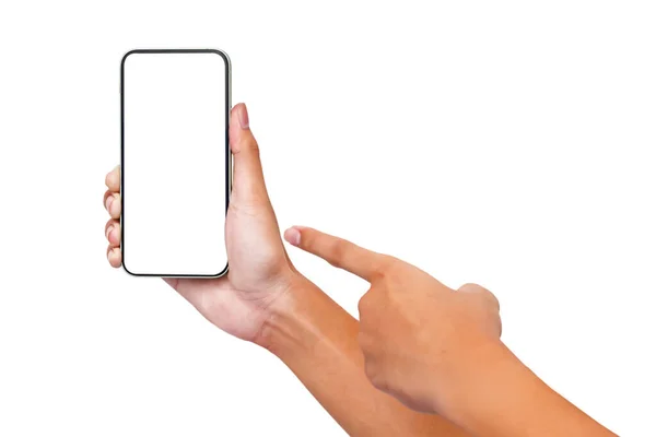 Hand Mannen Houden Smartphone Met Blanco Scherm Geïsoleerd Witte Achtergrond — Stockfoto