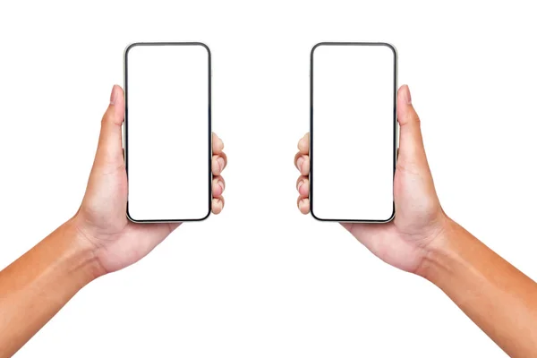 Hand Mannen Houden Smartphone Met Blanco Scherm Geïsoleerd Witte Achtergrond — Stockfoto