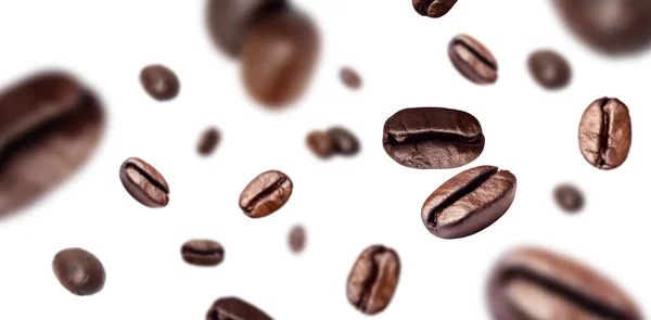 Café Tostado Marrón Frijoles Volando Sobre Fondo — Foto de Stock