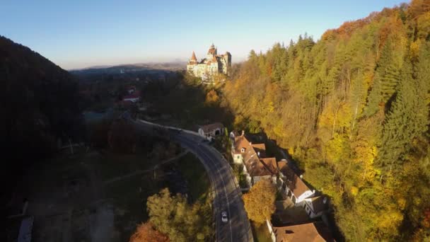 AERIAL: Aerial view of Bran Castle in the district of Brasov, Romania