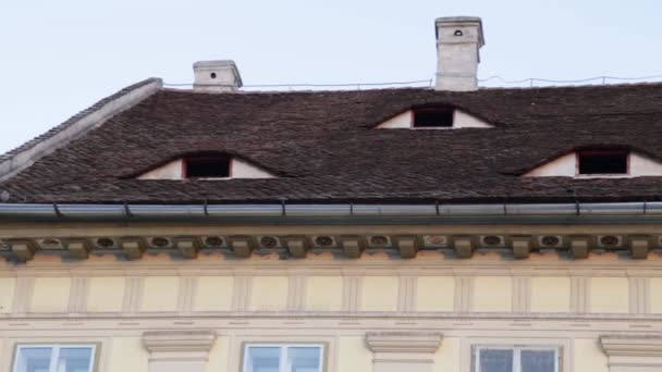 Sibiu Rumania arquitectura tradicional detalle techo ojos. Pan tiro . — Vídeo de stock