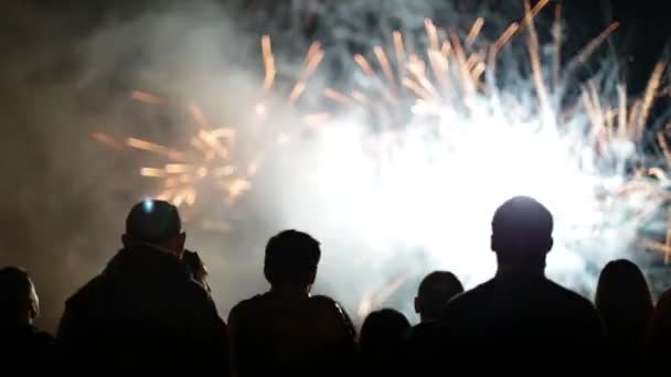 Silhuetas de pessoas assistindo fogos de artifício — Vídeo de Stock