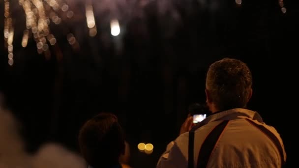 Homem assistindo e filmando os fogos de artifício com seu filho Gráficos De Vetor