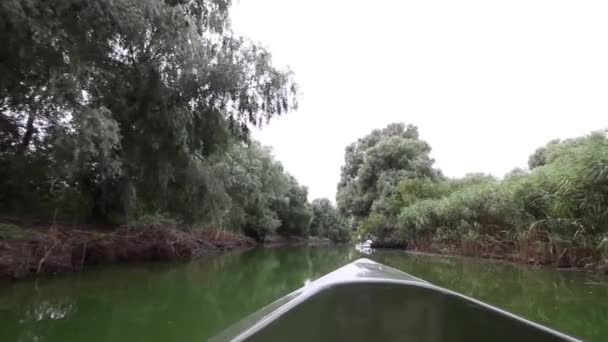 Motorboot varen op water kanaal. Boot oogpunt. — Stockvideo